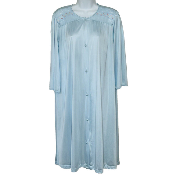 Vtg Vanity Fair Nylon Robe Size M Blue Lace Embroidered Flowers Buttons - Picture 1 of 7